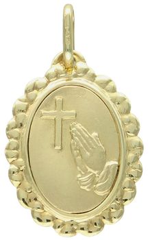 Złota zawieszka medalik z krzyżem i ręce złożone do modlitwy próba 585 A6ZOPE911 PE214897. Medalik będący wspaniałą pamiątką i prezentem z okazji chrztu, komunii czy bierzmowania.1.jpg